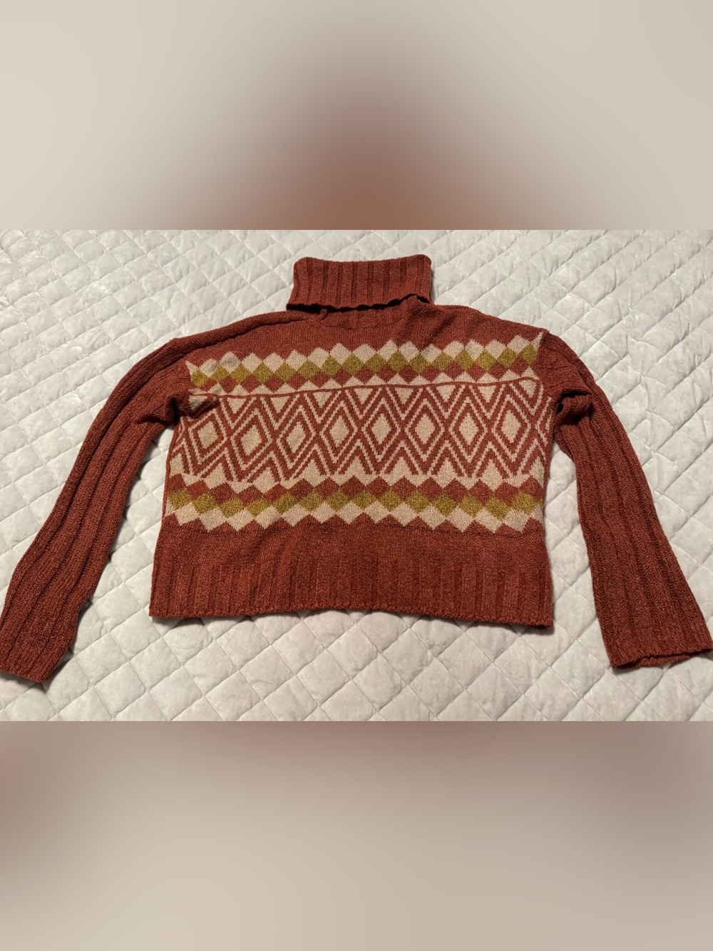 Rust Geo-Pattern Cropped Turtleneck Sweater